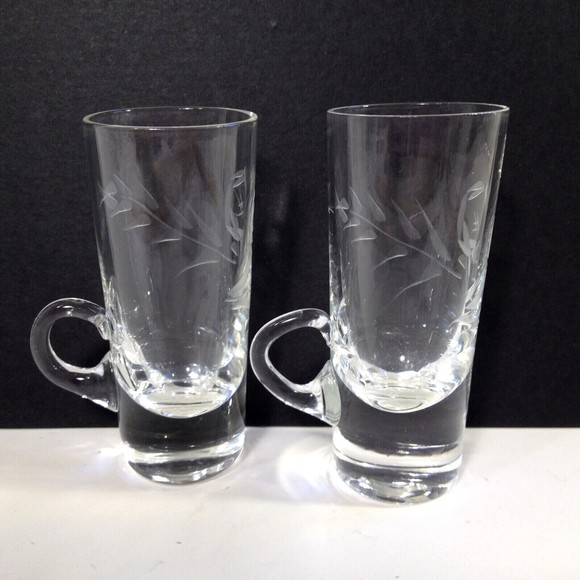 (2) Vintage Crystal Cut Etched Cordial Liqueur Glass Shot Glasses w/ Handles - Picture 3 of 11